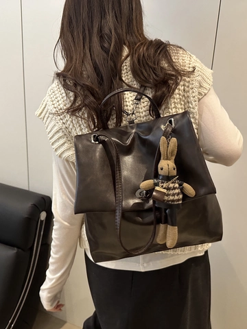 Damen Vintage PU Leder Multifunktions Rucksack Große Kapazität Umhängetasche Mit Kaninchen Anhänger Urban Handtasche