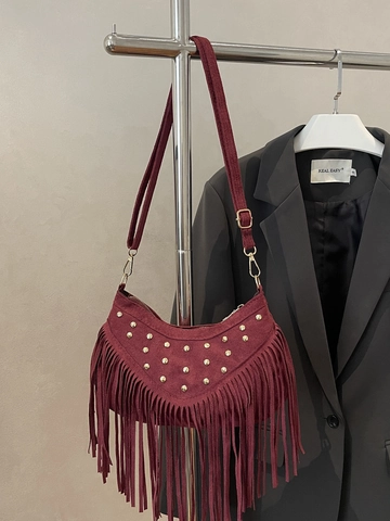 Bohemian Damen Umhängetasche Aus Wildlederimitat Mit Langen Fransen Und Goldenen Nieten Retro Halbmond Handtasche
