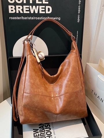 Large Capacity PU Leather Hobo Bag Vintage Solid Color Shoulder Tote For Women Casual Commuting Zipper Closure