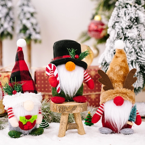 Handmade Christmas Gnome Plush Dolls Buffalo Plaid Reindeer Antler Tomte Ornaments Faceless Doll For Xmas Home Decor