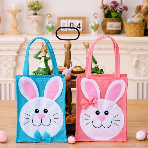 Easter Bunny Rabbit Gift Bag Polyester Fabric Tote Bag With Applique Design Cartoon Holiday Treats Bag Party Decorations