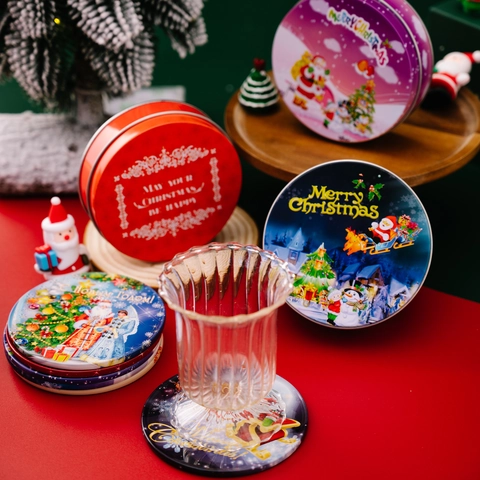 Sottobicchieri di Banda Stagnata Natalizi Rotondi Cartone Animato Babbo Natale Pupazzo di Neve Scatola di Latta Decorazione Tavolo