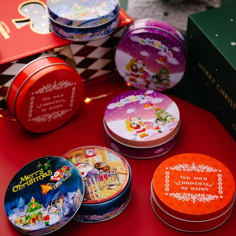 Sottobicchieri di Banda Stagnata Natalizi Rotondi Cartone Animato Babbo Natale Pupazzo di Neve Scatola di Latta Decorazione Tavolo