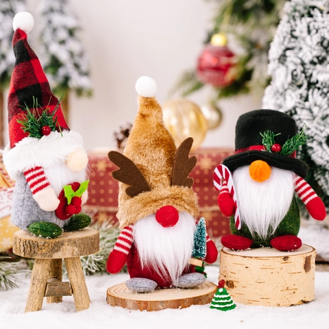 Handmade Christmas Gnome Plush Dolls Buffalo Plaid Reindeer Antler Tomte Ornaments Faceless Doll For Xmas Home Decor