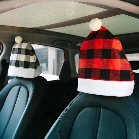 Copri Poggiatesta Auto Natale a Scacchi Buffalo Forma di Cappello di Babbo Natale Decorazione Interni Veicolo Festiva Accessorio