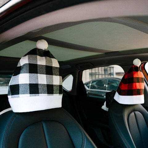 Copri Poggiatesta Auto Natale a Scacchi Buffalo Forma di Cappello di Babbo Natale Decorazione Interni Veicolo Festiva Accessorio