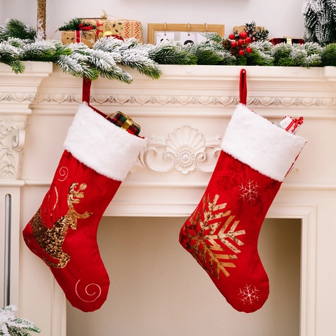 Festive Christmas Stocking With Gold Sequin Reindeer Pattern Red Velvet And White Faux Fur Cuff Holiday Hanging Gift Bag Home Decor