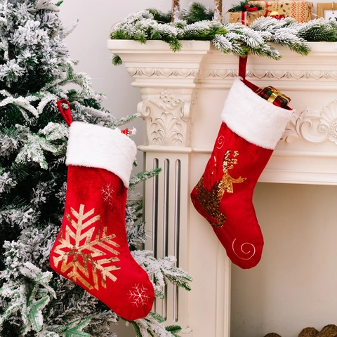 Festive Christmas Stocking With Gold Sequin Reindeer Pattern Red Velvet And White Faux Fur Cuff Holiday Hanging Gift Bag Home Decor