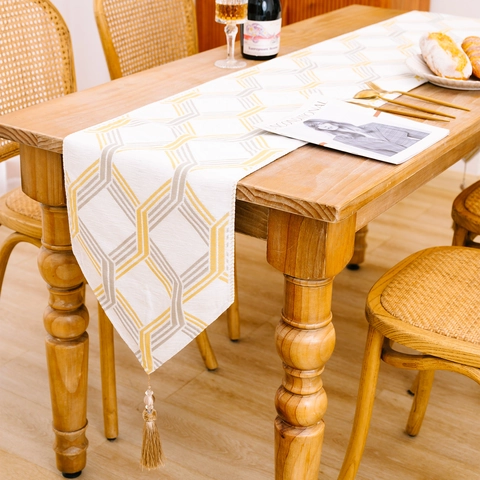 Modern Geometric Table Runner With Tassels Yellow Gray Stripe White Fabric Tablecloth For Dining Room Home Table Decor
