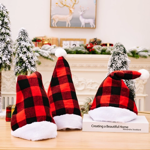Cappello di Natale Classico a Quadri Buffalo Con Bordo in Peluche Bianco E Pompon Cappello per Festa di Natale Rosso Nero Per Adulti Bambini
