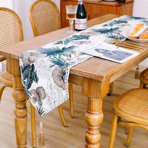Elegant Ink Painting Botanical Table Runner With Tassels Cotton Linen Blend Floral Tablecloth For Dining Room Home Decor