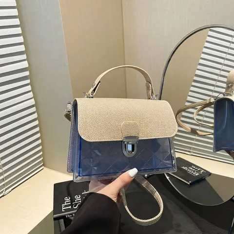 Women Patchwork Crossbody Bag Transparent PVC And PU Leather Quilted Handbag With Metal Lock Adjustable Strap Fashion