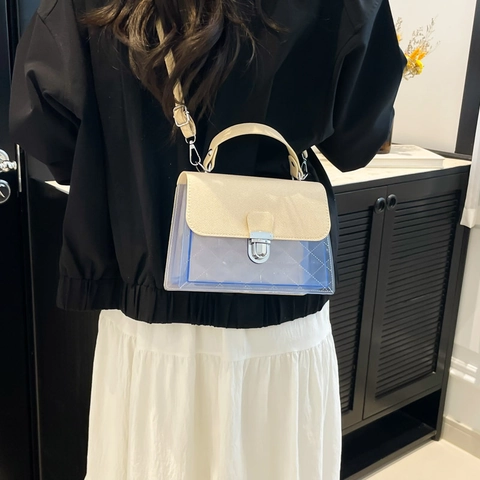 Women Patchwork Crossbody Bag Transparent PVC And PU Leather Quilted Handbag With Metal Lock Adjustable Strap Fashion