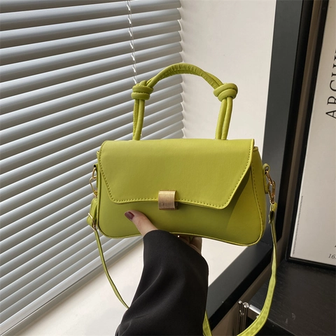 Women PU Leather Crossbody Bag Knotted Handle Gold Metal Buckle Adjustable Strap Small Square Handbag Casual