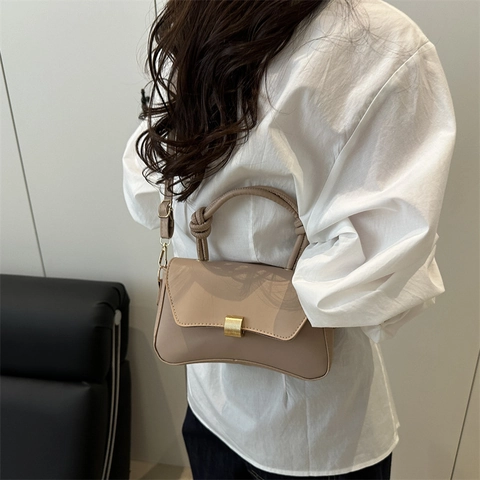 Women PU Leather Crossbody Bag Knotted Handle Gold Metal Buckle Adjustable Strap Small Square Handbag Casual