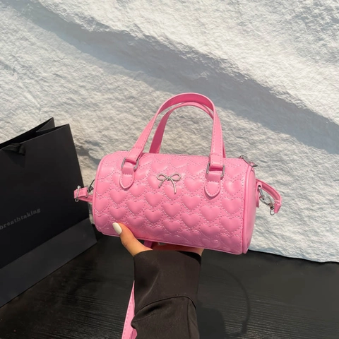 Women's Heart Quilted Boston Bag PU Leather Mini Cylinder Crossbody Bag Korean Style Bowknot Handbag With Adjustable Strap