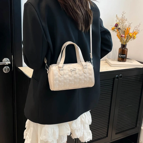 Women's Heart Quilted Boston Bag PU Leather Mini Cylinder Crossbody Bag Korean Style Bowknot Handbag With Adjustable Strap