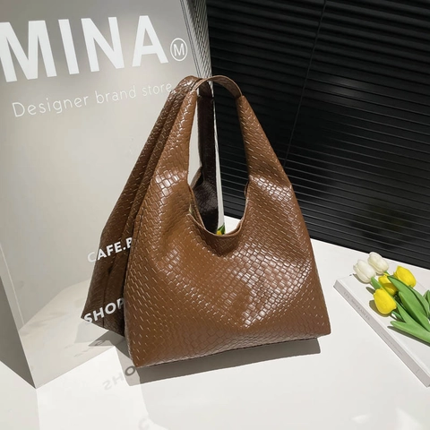 Bolso Tote Tejido de Gran Capacidad Retro para Mujer Color Sólido Cuero PU Bolso de Hombro Hobo Elegante Moda Viaje