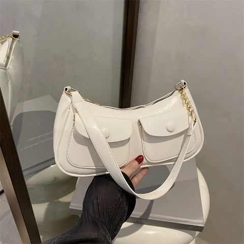 Bolso de Hombro Vintage de Cuero PU de Media Luna Para Mujer Color Sólido Doble Bolsillo Decoración Cadena Dorada Bolso
