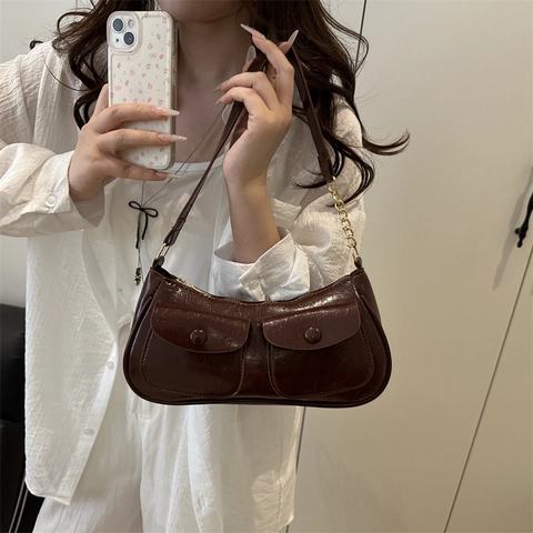 Bolso de Hombro Vintage de Cuero PU de Media Luna Para Mujer Color Sólido Doble Bolsillo Decoración Cadena Dorada Bolso