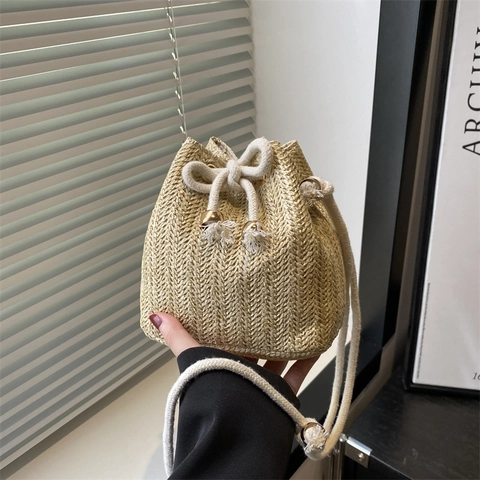 Sac Seau Tissé En Paille Avec Cordon De Serrage Bandoulière En Corde De Coton Vacances D'été Style Rétro