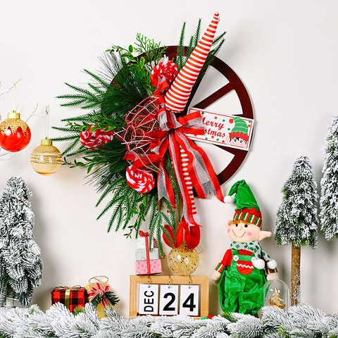 Weihnachts Wagon Rad Kranz Mit Elfenbeinen Schleife Künstliche Kiefernzweige Merry Christmas Schild Haustür Wandbehang Dekor