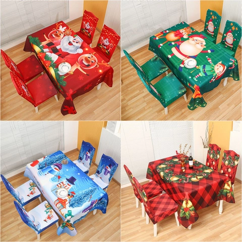 Tovaglia Stampata Natalizia Set di Coprisedia Elastici in Poliestere Motivo Babbo Natale Pupazzo di Neve Renna Griglia Decorazione della Tavola di Casa Festiva
