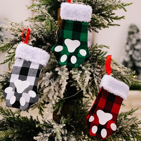 Calcetines de Navidad Pequeños con Huellas de Gato Cuadros Buffalo Decoración Colgante con Piel Sintética para Árbol de Navidad