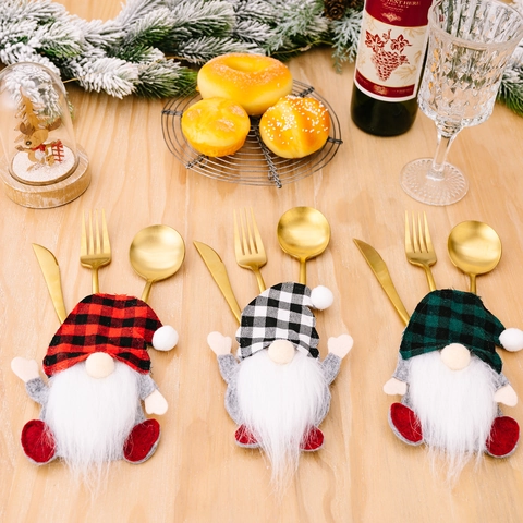 Christmas Gnome Cutlery Holder Plaid Swedish Tomte Gnome Silverware Bag Christmas Table Decoration For Dining Party Home