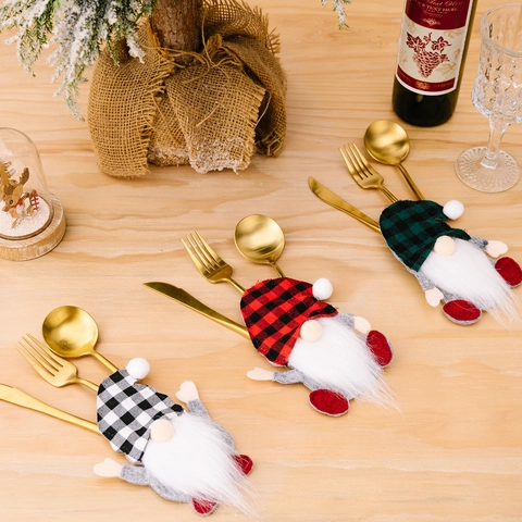 Christmas Gnome Cutlery Holder Plaid Swedish Tomte Gnome Silverware Bag Christmas Table Decoration For Dining Party Home