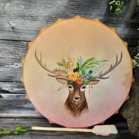 Shaman Drum Hand Painted Floral Antelope Plywood Percussion Instrument With Mallet Ethnic Meditation Home Decor