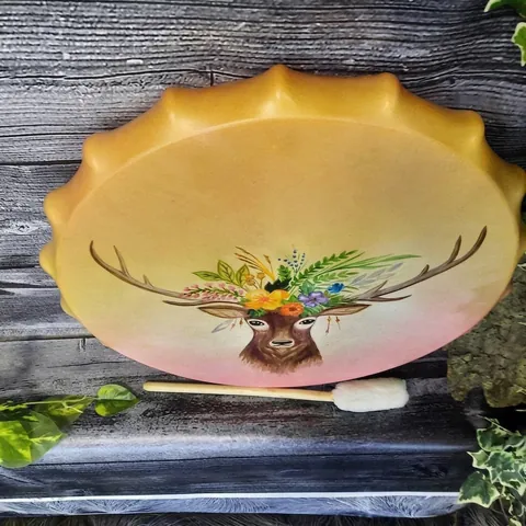 Shaman Drum Hand Painted Floral Antelope Plywood Percussion Instrument With Mallet Ethnic Meditation Home Decor