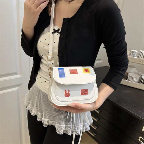 Women Fashion Cartoon Rabbit Patch Saddle Bag Trendy PU Leather Crossbody Bag Casual Flip Small Square Shoulder Bag
