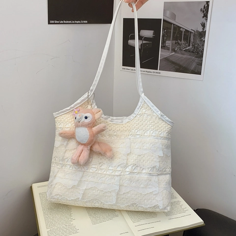 Bolso Tote de Encaje de Gran Capacidad a la Moda para Mujer Elegante Bolso de Hombro con Volantes de Encaje Bolso Axilar Minimalista que Combina con Todo Bolso de Mano para Viajes Diarios