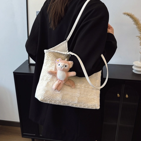 Bolso Tote de Encaje de Gran Capacidad a la Moda para Mujer Elegante Bolso de Hombro con Volantes de Encaje Bolso Axilar Minimalista que Combina con Todo Bolso de Mano para Viajes Diarios