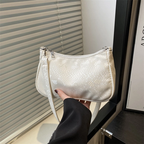 Women Snake Pattern Embossed Faux Leather Underarm Shoulder Bag Fashionable Retro Baguette Handbag Elegant Solid Color