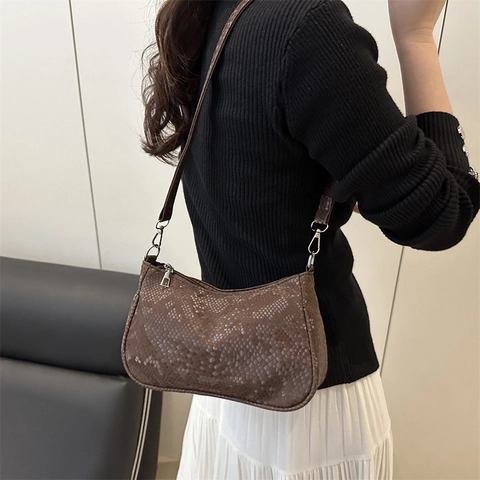 Borsa Sottobraccio da Donna in Pelle PU con Motivo Serpente Borsa a Tracolla Stile Retro Francese con Chiusura a Cerniera in Metallo Argentato