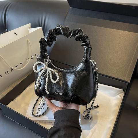 Bolso de Hombro de Cuero PU para Mujer Con Asa Plisada Colgante de Lazo de Perlas Elegante Bolso Bandolera de Cadena Bolso Cuadrado Pequeño