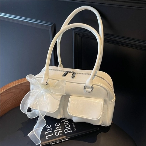 Women Korean Style Glossy PU Leather Underarm Bag Minimalist Shoulder Bag With Bow Decoration And Front Pockets Daily Purse