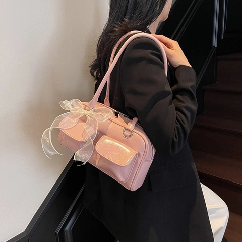 Women Korean Style Glossy PU Leather Underarm Bag Minimalist Shoulder Bag With Bow Decoration And Front Pockets Daily Purse