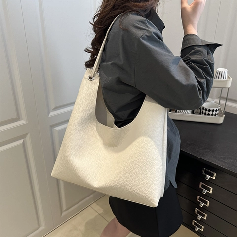 Litchi-Maserung PU-Leder Tragetasche Und Beutel Großes Fassungsvermögen Minimalistische Schulter Eimer Tasche Damen