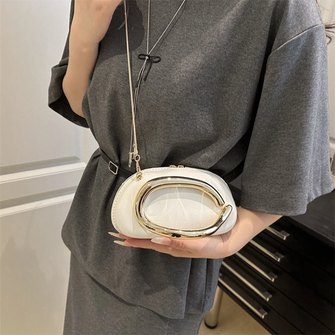 Women Fashion Glossy Patent Leather Pillow Bag With Metal C-Handle Chain Strap Crossbody Shoulder Bag Small Designer Handbag