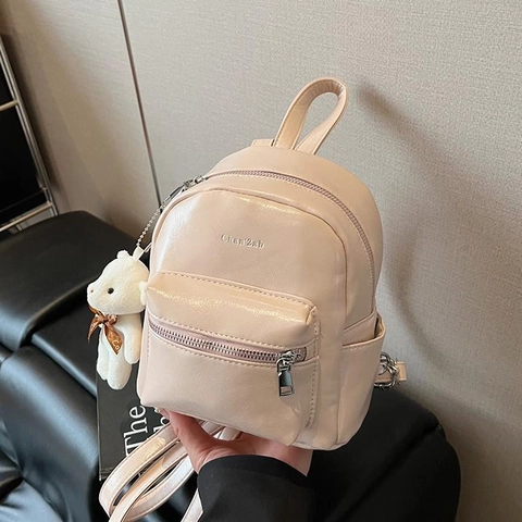 Mini Mochila de Cuero PU para Mujer Con Amuleto de Oso de Peluche Estilo Universitario Impermeable Casual Moda Bolso Pequeño
