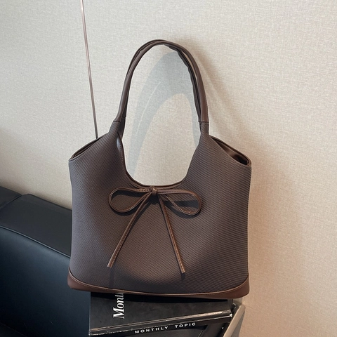 Women Large Capacity Woven Tote Bag Splicing Contrast Color Shoulder Bag With Bow Tie Decor For Daily Commute Casual Handbag
