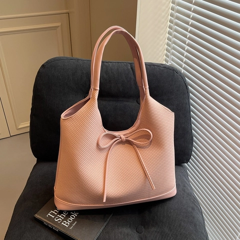 Women Large Capacity Woven Tote Bag Splicing Contrast Color Shoulder Bag With Bow Tie Decor For Daily Commute Casual Handbag