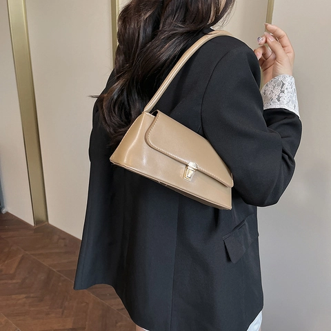 Borsa da Donna Retrò in Pelle PU Baguette Ascellare Semplice Borsa a Tracolla di Moda Con Chiusura a Scatto Grande Capacità
