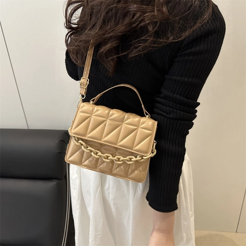 Women Quilted Crossbody Bag Fashion PU Leather Small Square Bag With Plastic Chain Decor Solid Color Flap Shoulder Bag