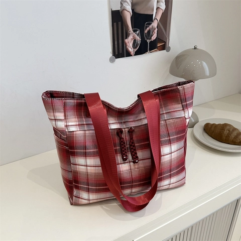 Borsa Tote da Donna a Quadri alla Moda Borsa a Tracolla Plaid di Grande Capacità Borsa a Mano in Tessuto Retro per Pendolarismo