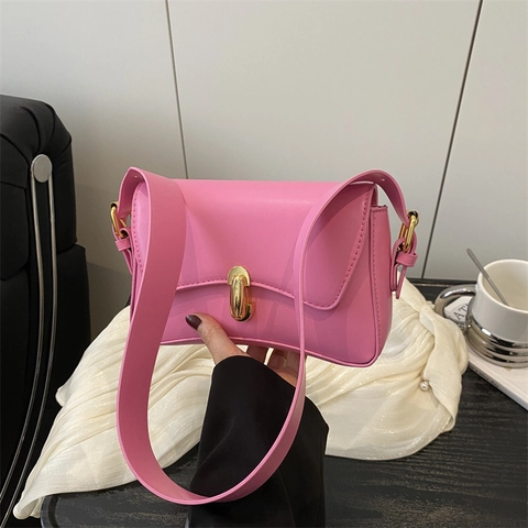 Retro PU Leder Schultertasche Unterarmtasche Für Damen Mit Gold Metalschloss Minimalistisch Einfarbig Mode Messenger Bag