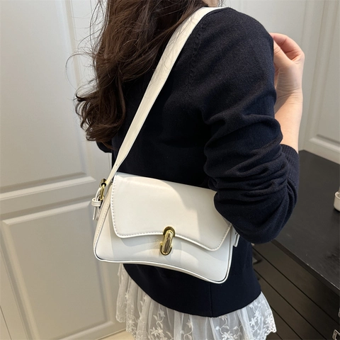 Retro PU Leder Schultertasche Unterarmtasche Für Damen Mit Gold Metalschloss Minimalistisch Einfarbig Mode Messenger Bag